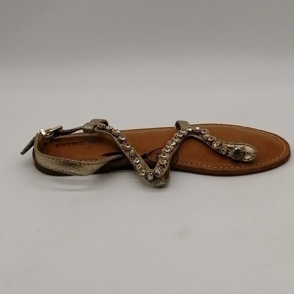 Express Womens Thong Sandal Silver‎ Beaded Ankle Strap w/Buckle Flat Heel Sz 7 M - Picture 2 of 10